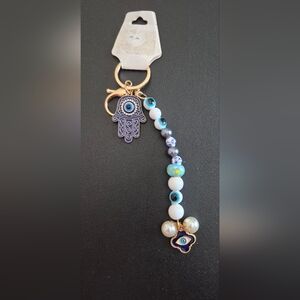 Dark Hamsa Hand with Turkish Blue Evil Eye, beads gold keychain (New With Tag)
